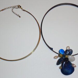 Vintage Choker Necklace Lot - Gold Tone Metal Wire & Blue Flower Necklaces